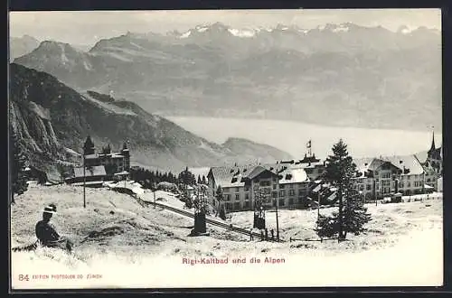 AK Rigi-Kaltbad, Ortsansicht mit Bahnschienen u. Alpen