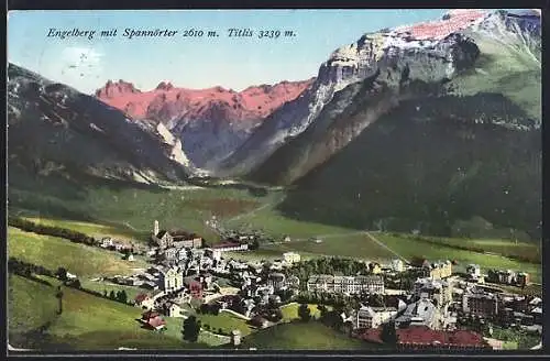 AK Engelberg, Totalansicht mit Spannörter und Titlis aus der Vogelschau