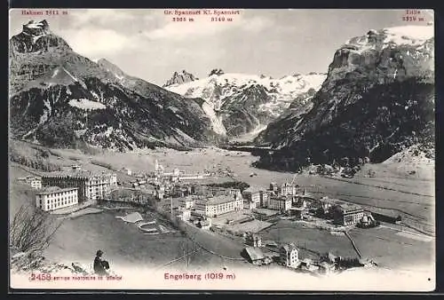 AK Engelberg, Totalansicht mit Hahnen, Spannort und Titlis aus der Vogelschau