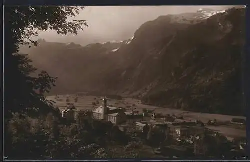 AK Engelberg, Alt-Engelberg mit Titlis bei Dämmerung aus der Vogelschau