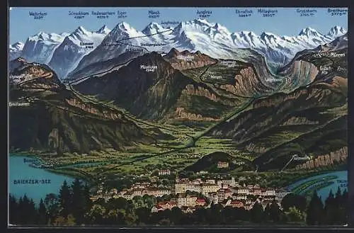 Künstler-AK Interlaken, Gesamtansicht mit Seen und Berner Alpen aus der Vogelschau