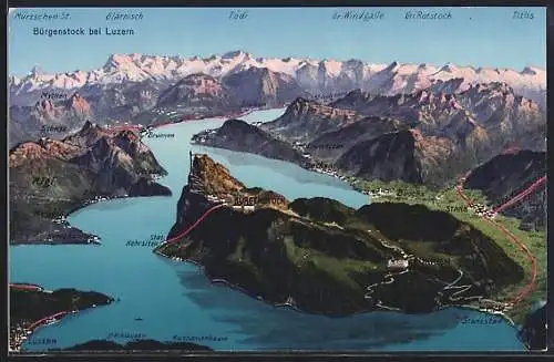Künstler-AK Bürgenstock bei Luzern, Totalansicht mit umgebenden Orten und Alpenpanorama aus der Vogelschau