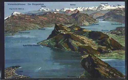 Künstler-AK Bürgenstock /Vierwaldstättersee, Totalansicht mit Umgebung und Alpenpanorama