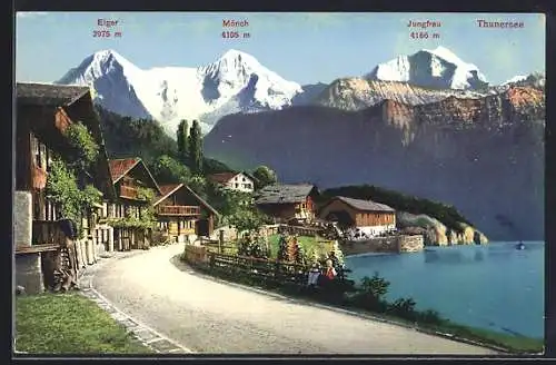 AK Oberhofen, Uferstrasse am Thunersee mit Eiger, Mönch und Jungfrau