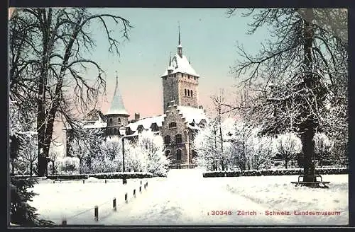 AK Zürich, Schweiz. Landesmuseum mit Anlage im Winter