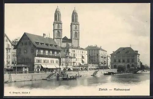 AK Zürich, Rathausquai vom Wasser aus