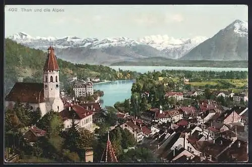 AK Thun, Ortsansicht mit Alpen