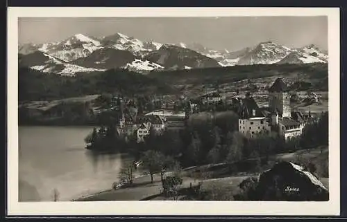 AK Spiez, Totalansicht mit Gipfelpanorama aus der Vogelschau