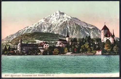 AK Spiez, Ortsansicht mit Thunersee und Niesen