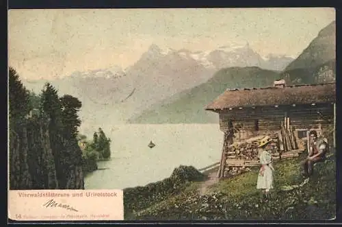 AK Urirotstock, Vierwaldstättersee mit Holzhaus und Urirotstock