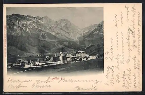 AK Engelberg, Totalansicht mit Bergpanorama aus der Vogelschau