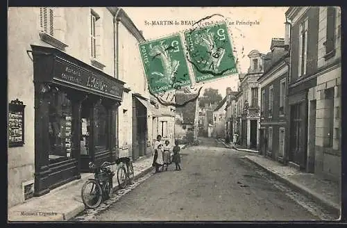 AK St-Martin-le-Beau, La Grand` Rue avec des enfants et une épicerie