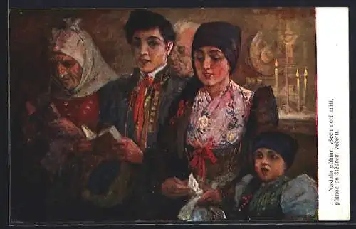 AK Tschechische Familie beim Beten, Weihnachtsgruss