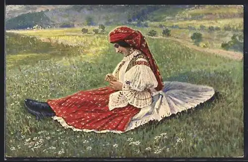 AK Tschechin in Tracht sitzt auf einer Blumenwiese