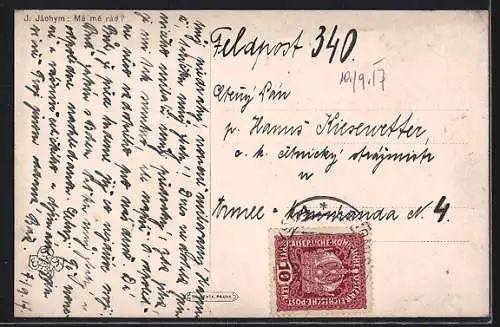 AK Tschechin in Tracht sitzt auf einer Blumenwiese