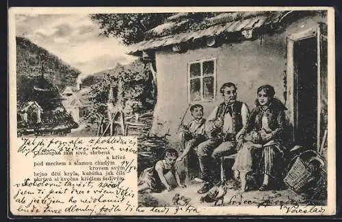 AK Tschechische Familie sitzt vor dem Haus
