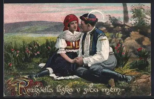 AK Tschechisches Paar sitzt auf einer Wiese