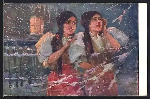 AK Zwei Tschechinnen abends bei Schneefall, Weihnachtsgruss