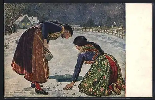 AK Zwei Tschechinnen an einem Eisloch im Winter, Weihnachtsgruss
