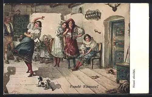 AK Tanzende Tschechinnen in Tracht, Weihnachtsgruss