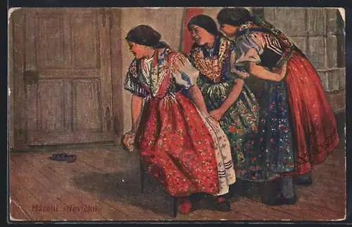 AK Drei Tschechinnen in Tracht schauen zu einem Schuh, Weihnachtsgruss