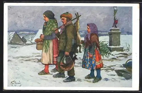 AK Tschechische Kinder mit einem erlegten Hasen, Weihnachtsgruss