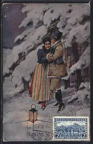 AK Tschechisches Paar in Tracht im Winter