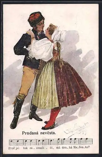 AK Tschechisches Paar beim Tanz, Prodaná nevesta, Lied mit Noten