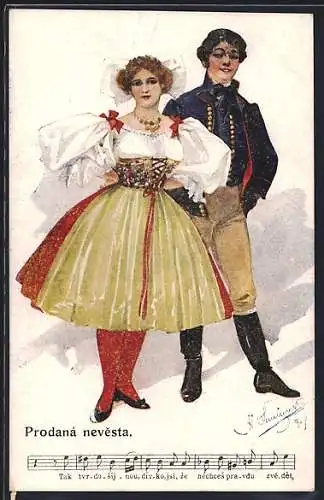 AK Tschechisches Paar in Trachtenkleidung, Prodaná nevesta, Lied mit Noten