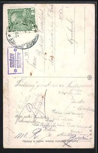 AK Tscheche in traditioneller Kleidung am Zaun