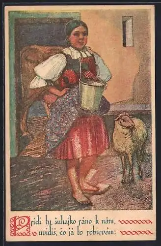 AK Slovácké Písne, Dle org. akad. malíre V. Plesnivého, Prídi ty, suhaiko, ráno k nám, Tschechische Bäuerin im Stall