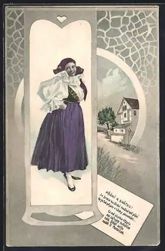 AK Tschechin in Tracht, Wohnhaus an einer Strasse