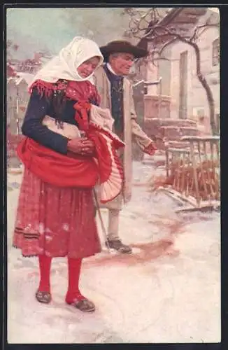 AK Tschechisches Paar auf der Strasse im Schnee