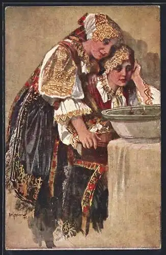 AK Zwei Tschechinnen an einer Wasserschale, Weihnachtsgruss