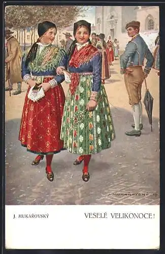AK Tscheche schaut zwei Tschechinnen nach, Ostergruss