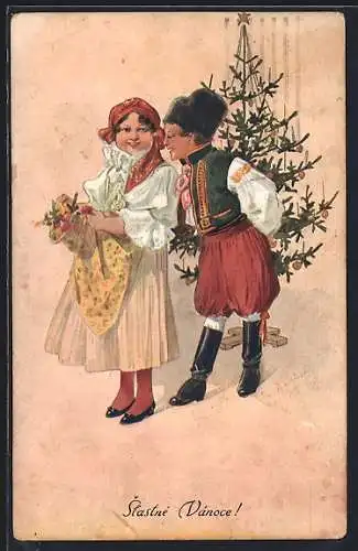 AK Weihnachten, Kinder in Trachten am Weihnachtsbaum