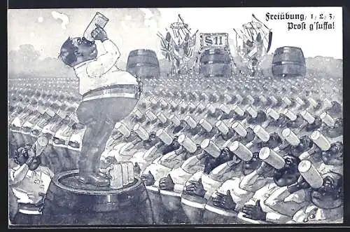 Künstler-AK F.Schlemo: Freiübung, Trinker leeren Bierkrug
