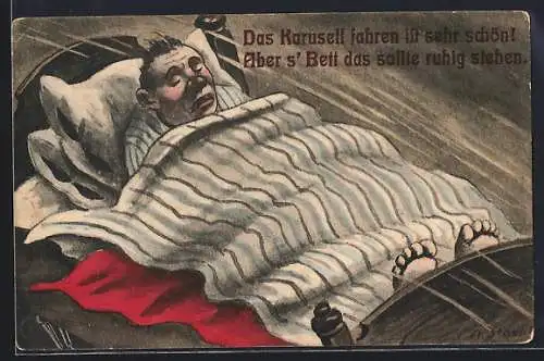 AK Betrunkener Mann im Bett fühlt sich wie im Karussell