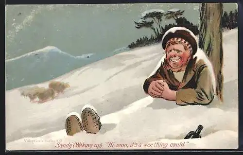 AK Betrunkener deckt sich an einem Baum mit Schnee zu