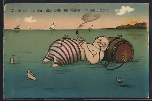 AK Betrunkener treibt mit einem Fass Bier auf dem Meer