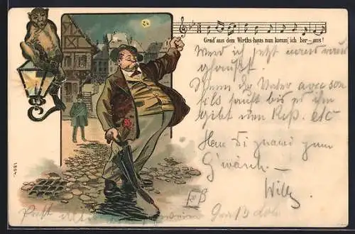 Lithographie Betrunkener Mann läuft singend durch die nächtlichen Strassen