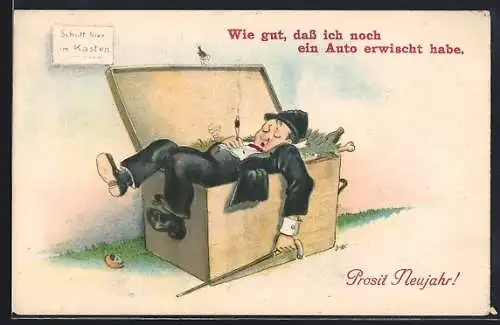 AK Betrunkener liegt in Abfallkiste und schläft, wie gut, dass ich noch ein Auto erwischt habe