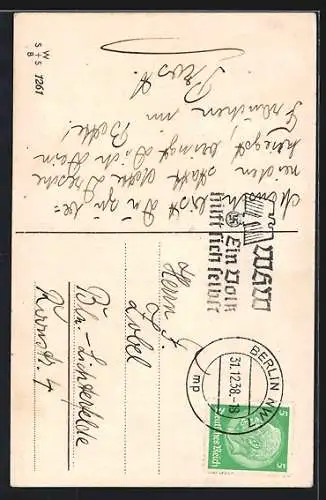 AK Betrunkener Mann mit rot leuchtendem Gesciht vor einer Haustür schlafend, Neujahrskarte