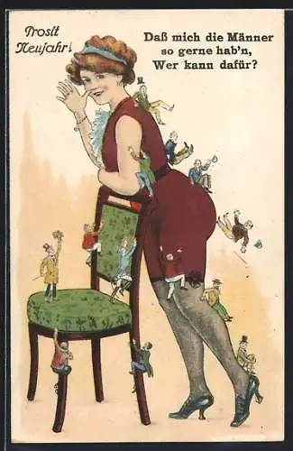 Künstler-AK Willi Scheuermann: kleine Männer klettern auf einer Dame hoch und runter, Erotik