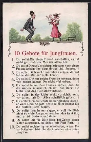 AK Die 10 Gebote für Jungfrauen, frauenfeindlicher Humor