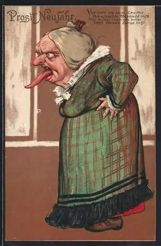 AK Alte Dame mit langer Zunge, frauenfeindlicher Humor
