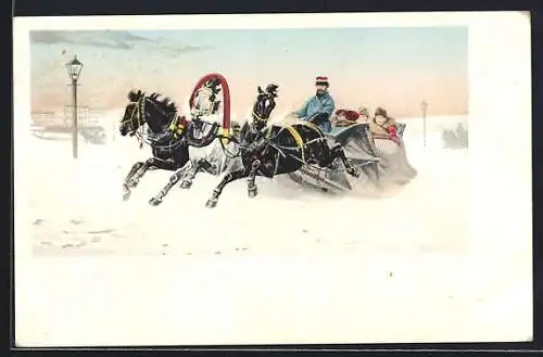 AK Pferdeschlitten-Troika mit Kutscher und Fahrgästen
