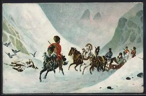 Künstler-AK Russische Soldaten in wilder Hatz auf Pferden und mit Schlitten