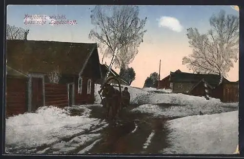 AK Russische Landschaft, Dorfstrasse mit Fuhrwerk