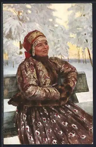 Künstler-AK sign. Mazkewitsch, russisches Bauernmädchen in Winterjacke, Russische Kunst